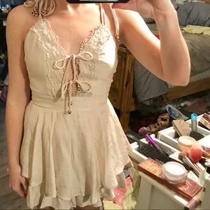 Lace Trimmed Shoulder Tie Beige Romper